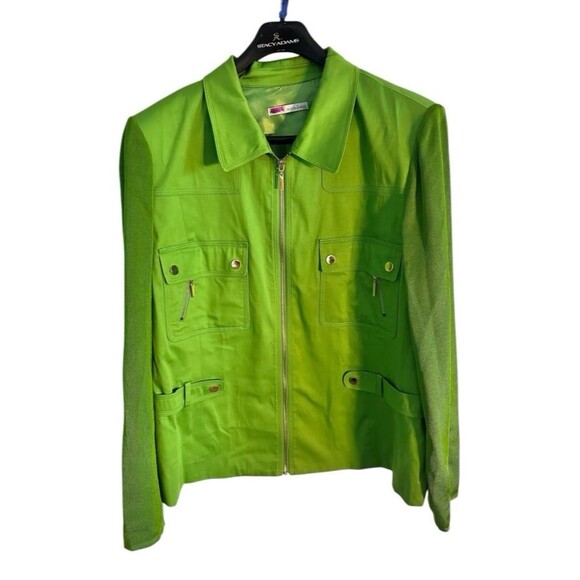 Peter Nygard Preppy Jacket Stretch Green Softshell Gold Zipper Woman 18” X 25” - Picture 1 of 11